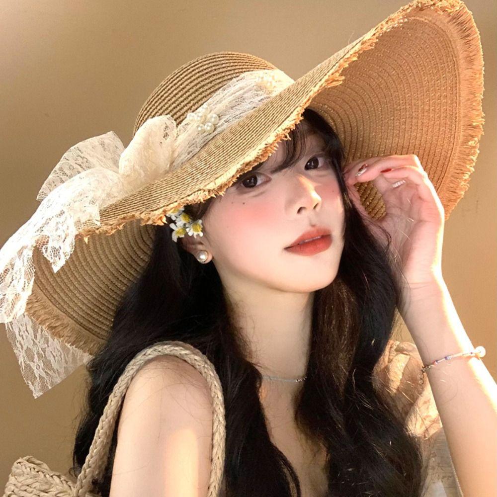 Весна-лето кружевная соломенная шляпа с жемчугом во французском стиле для женщин, соломенная шляпа с бантом и лентой для девочек