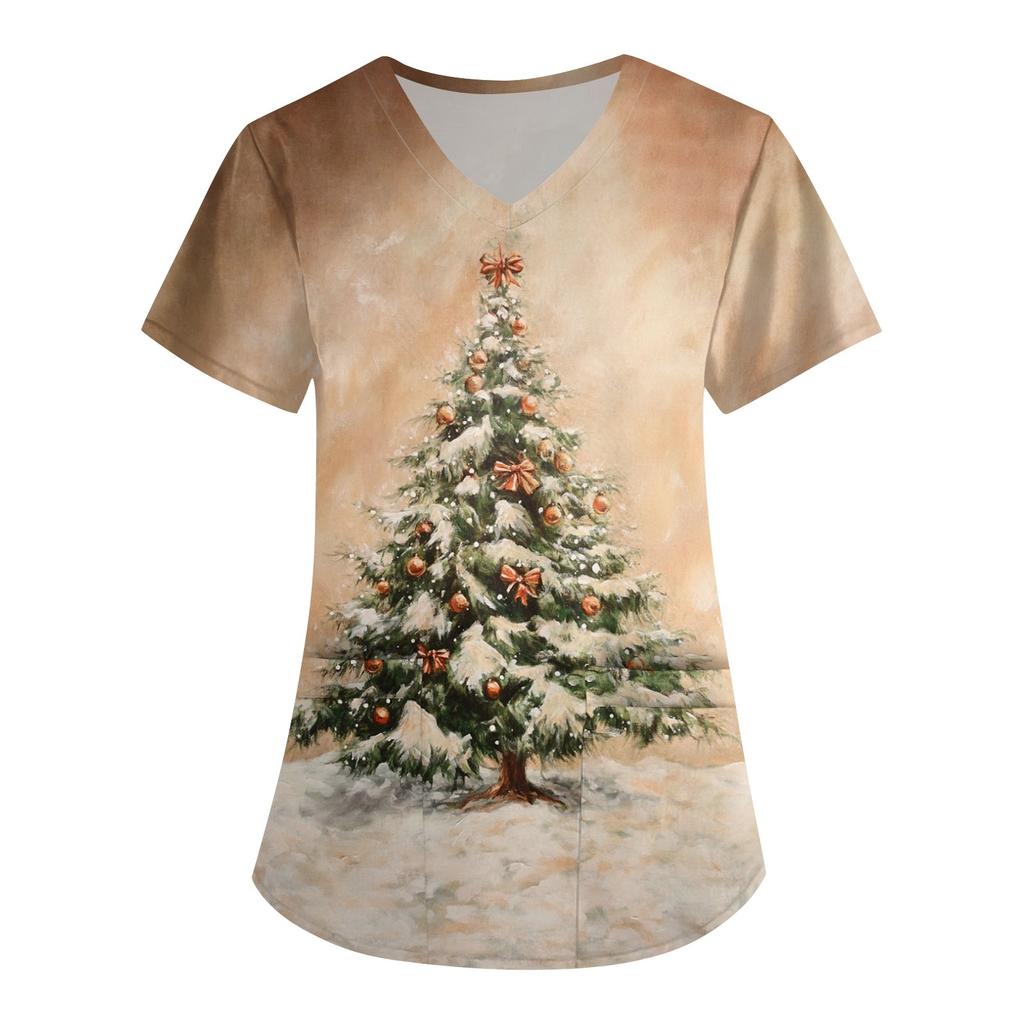 Женская симпатичная рабочая одежда с принтом, V-образным вырезом, двухслойными карманами, базовым коротким рукавом, пуловером на Рождество