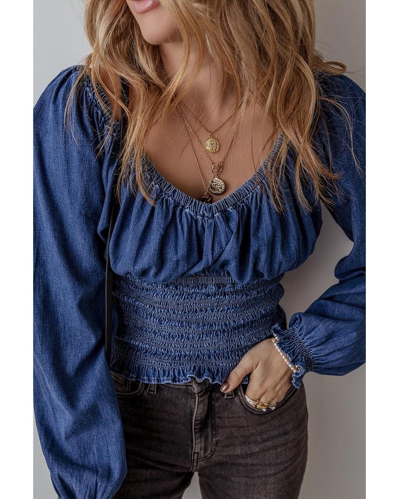 Azura Exchange Темно-синяя джинсовая блузка с V-образным вырезом и присборенными рукавами-фонариками