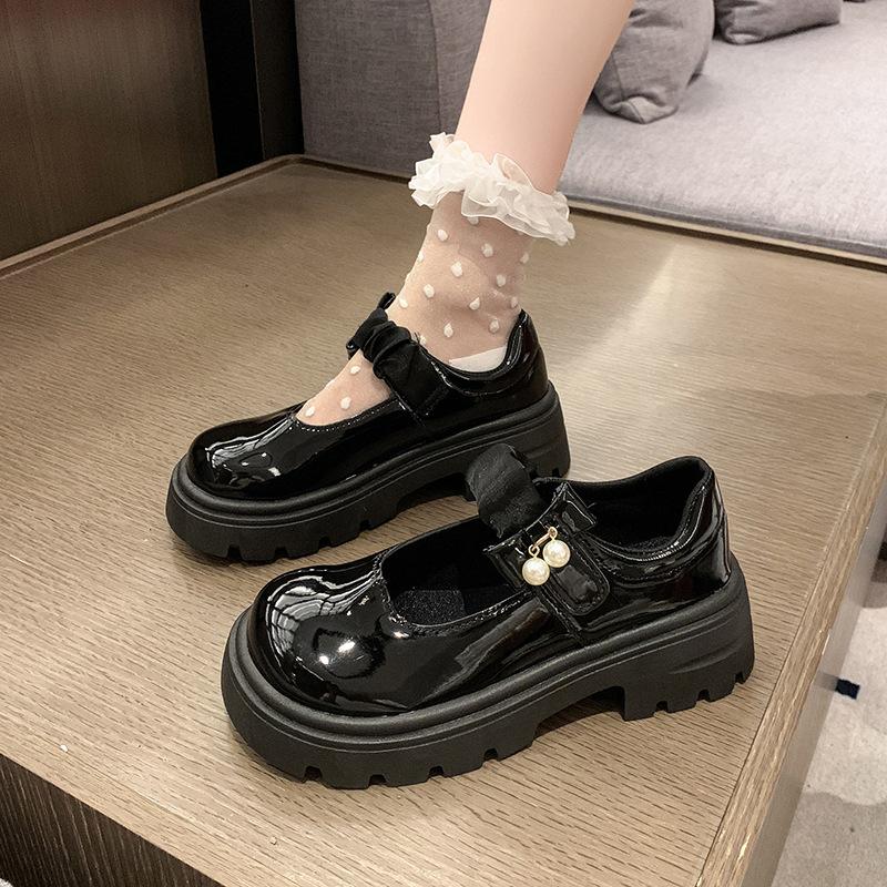 French Mary Jane One-pedal Women's Shoes Popular Temperament Shoes Heightened Jk Shoes Round Head with Mary Jane Small Leather Shoes