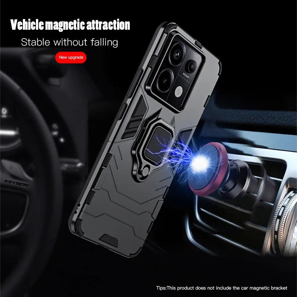 KEYSION Shockproof Armor Case for Redmi Note 13 Pro 4G 13 Pro+ 5G Silicone+PC Ring Metal Stand Phone Cover for Xiaomi POCO M6 Pro