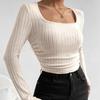 Slim Pleated Short Sleeved Long Sleeved Top Autumn Square Neck Fashionable T-Shirts Women’s