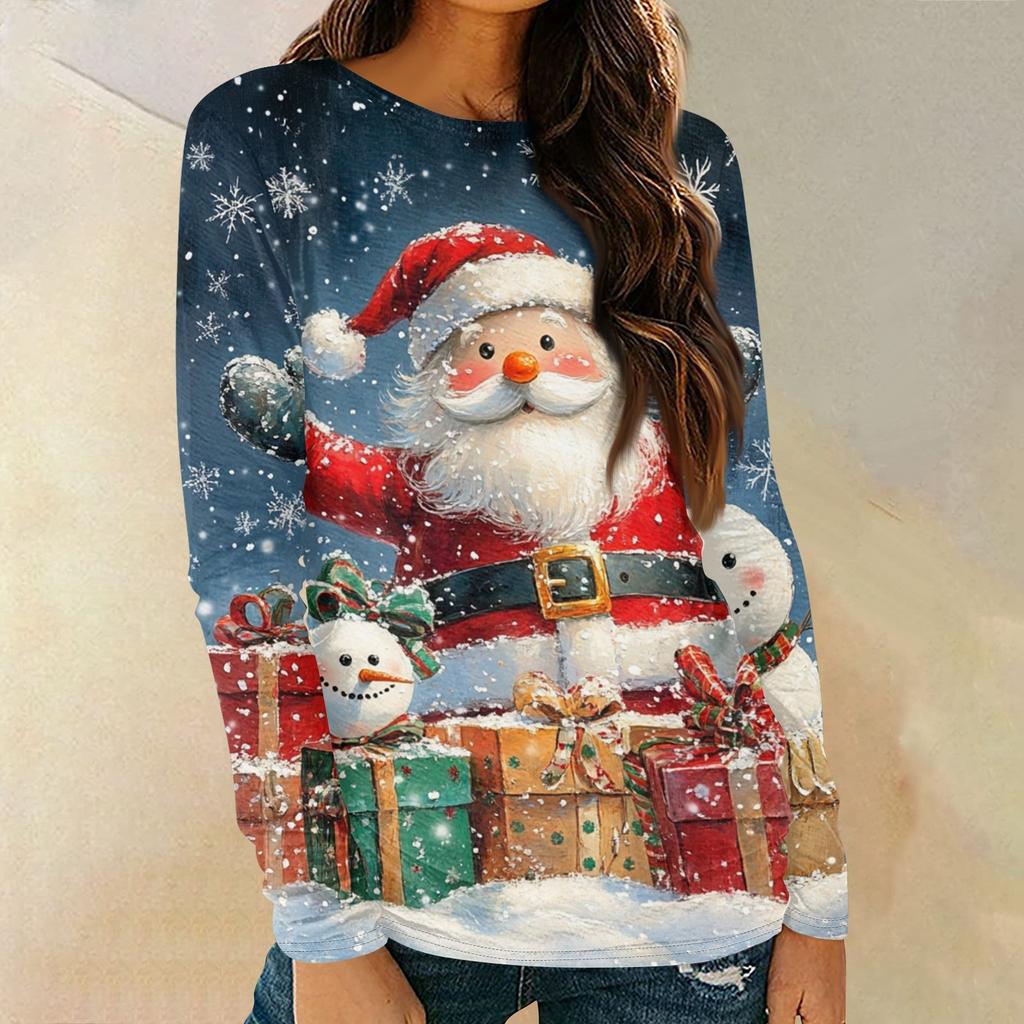 Women's Fashion Round Neck Pullover Plunging Sleeve Tee Christmas Printed Top