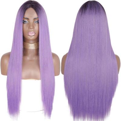 Парик Длинные прямые лавандовые волосы Синтетический парик для женщин Натуральный парик со средней частью для девочек Термостойкое волокно Натуральный парик