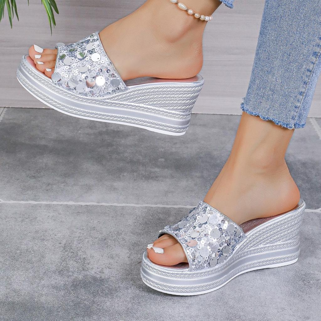 Новые сандалии с блестками, женские тапочки на танкетке с толстой подошвой, новые женские летние нескользящие пляжные туфли, женские шлепанцы