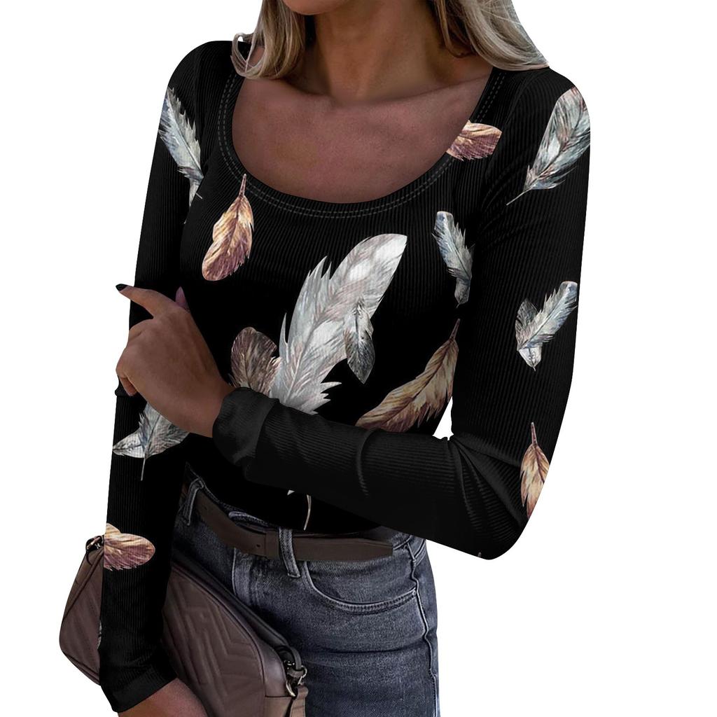 Women's Autumn And Winter Slim Fit Base T-shirt Fashionable Casual Gradient Regular Print U-neck Pullover Long Sleeved Top