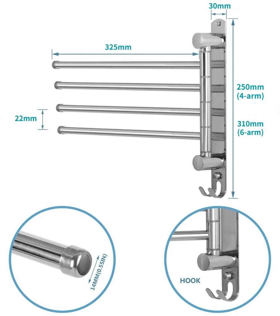 Stainless Steel Swivel Towel Holder 180 Degree 4/6 Arms Rotation Rack Wall Mounted Towel Racks Holder for Bathroom Accessories