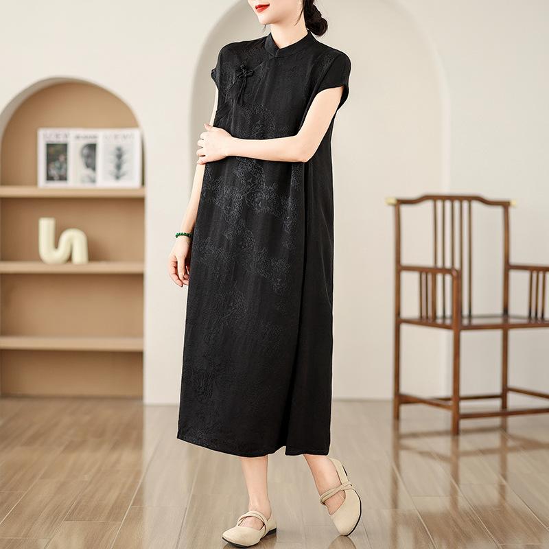 Summer Cotton Linen Plus Size Women's Dress Literary Retro Disc Buckle Jacquard Cheongsam Chinese Ethnic Style Dresses