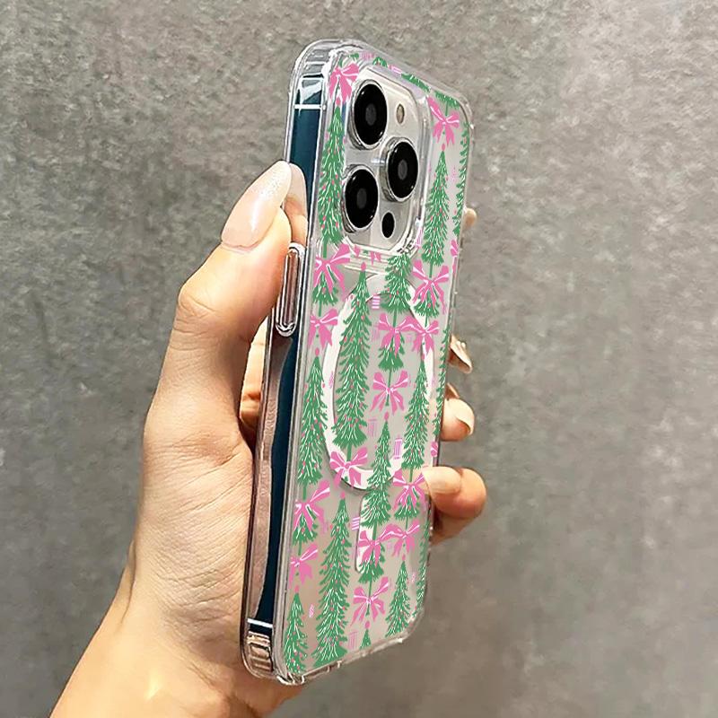 Cute Christmas Tree Pink Bow Clear Phone Case For Samsung Galaxy S25 S24 Ultra Plus S23 S22 S21 FE Wireless Charge Cover