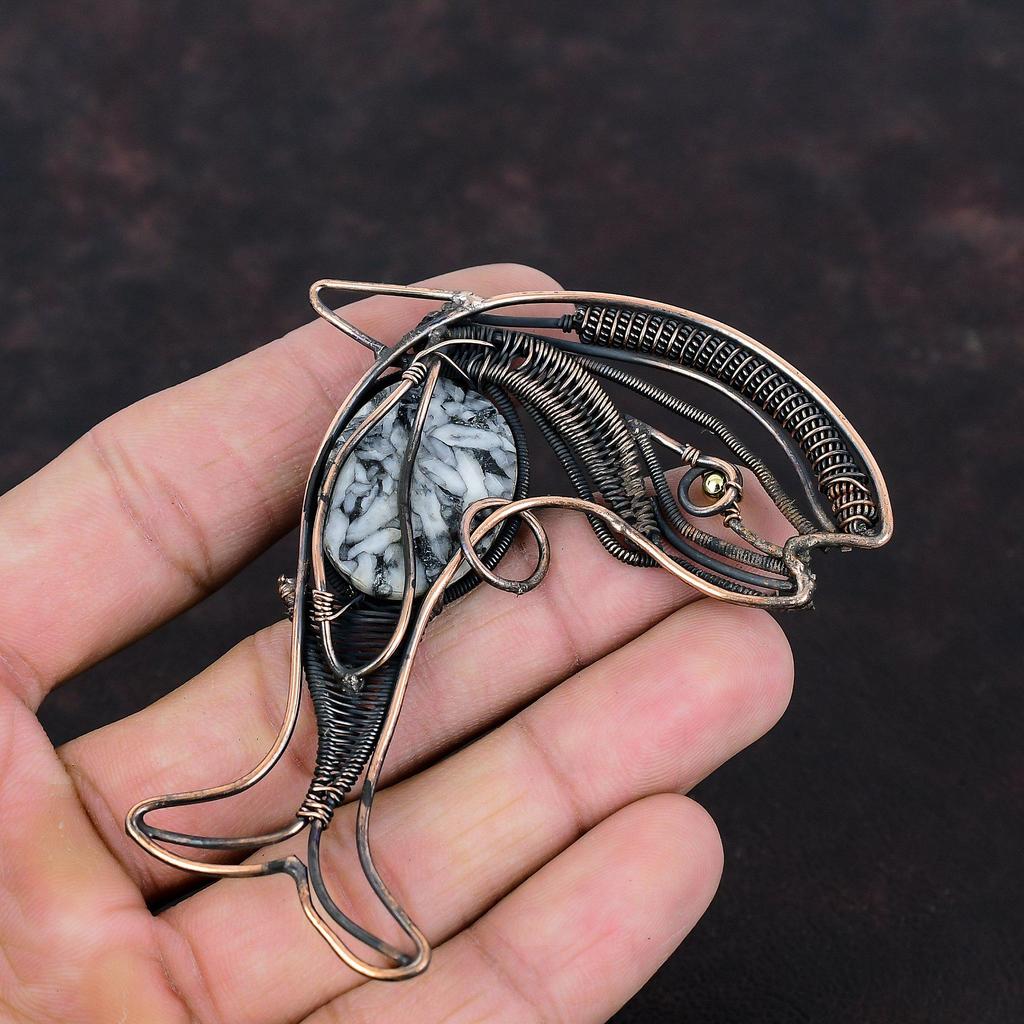 Pinolith Jasper Pendant Copper Wire Wrapped Pendant Handmade Copper Jewelry Gemstone Fish Pendant Dainty Pendant For Gift Wire Wrap Jewelry