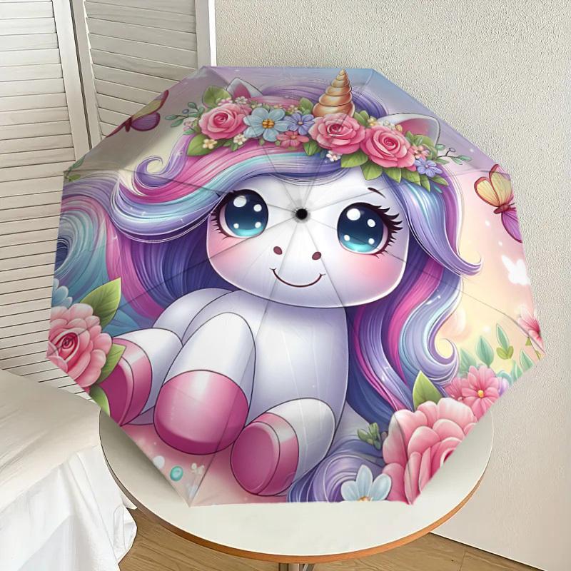 1PC Unicorn Flowers Umbrella-8-Rib Reinforced Portable Folding Travel Suitable for All Seasons Outdoor Daily Use-G384