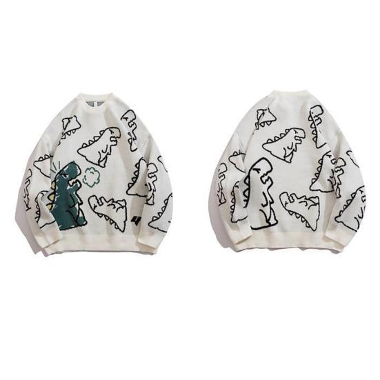 Мужской свитер осень-зима с рисунком динозавра, свободный свитер с круглым вырезом и длинными рукавами, в стиле хип-хоп, средней длины, для повседневной носки, работы, школы, улицы
