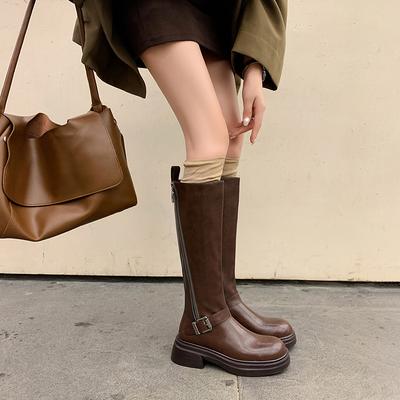 Черные модные ботинки в стиле Spice Girl, новые рыцарские ботинки, нишевые, милые, крутые модные ботинки, но ботфорты с квадратным каблуком и высокой голенью, с боковой молнией до колена