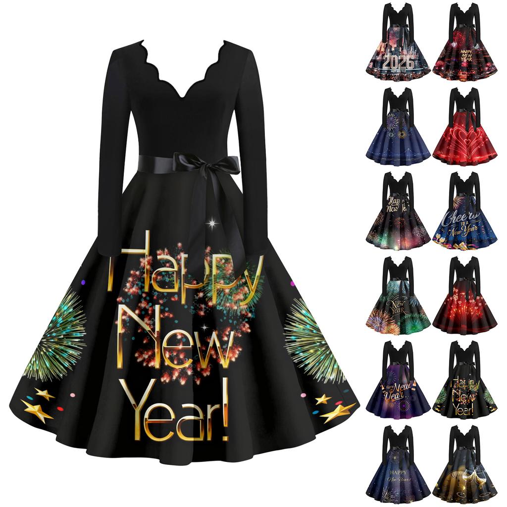 Женское повседневное модное платье винтажного стиля с V-образным вырезом и новогодним принтом