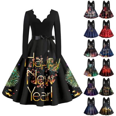 Женское повседневное модное платье винтажного стиля с V-образным вырезом и новогодним принтом