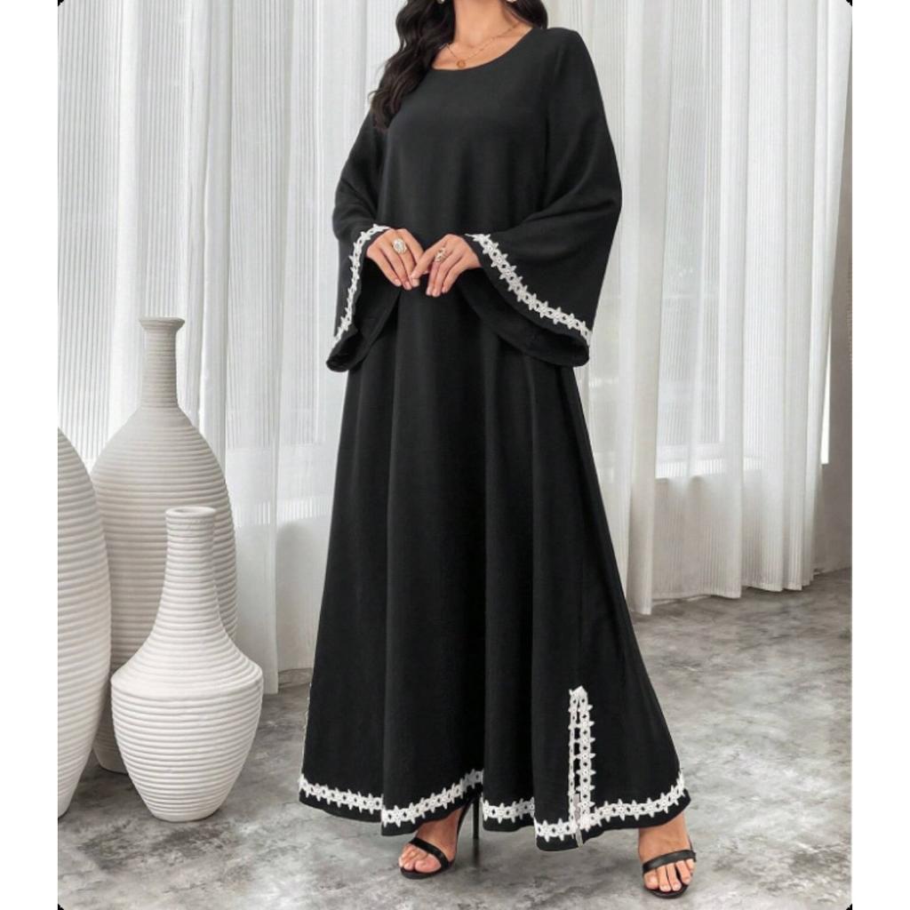 Пэчворк Белая Кружевная Отделка Круглый Вырез Разрез Свободная Миди Платье, Популярное на Ближнем Востоке Дубай для Женщин