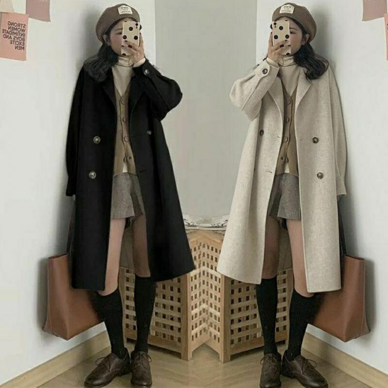 Hepburn-Style Wool Coat: 2023 Autumn/Winter Korean Edition, Loose Quilted, Thickened, Small Size, Women's Mid-Length