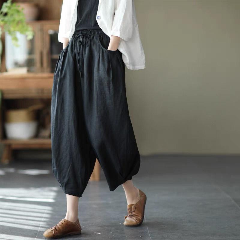 Брюки-фонарики M-XXXL, хлопковые льняные брюки, женские весенне-летние свободные брюки с эластичной резинкой на талии, однотонные повседневные брюки