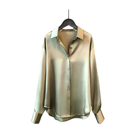 Женская рубашка с лацканами, длинный рукав, однобортная рубашка, однотонная, гладкая, атласная, свободного кроя, повседневная рубашка