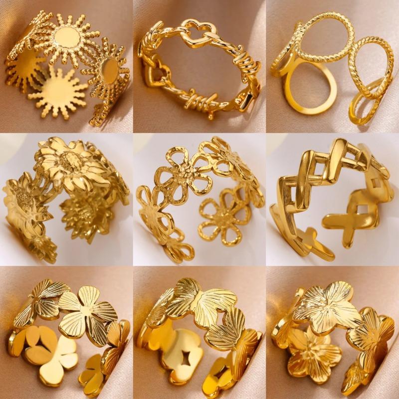 Кольцо из титановой стали с золотым напылением, с полым цветком, ветром, женское, хип-хоп, нишевое, открытое, на указательный палец, новое