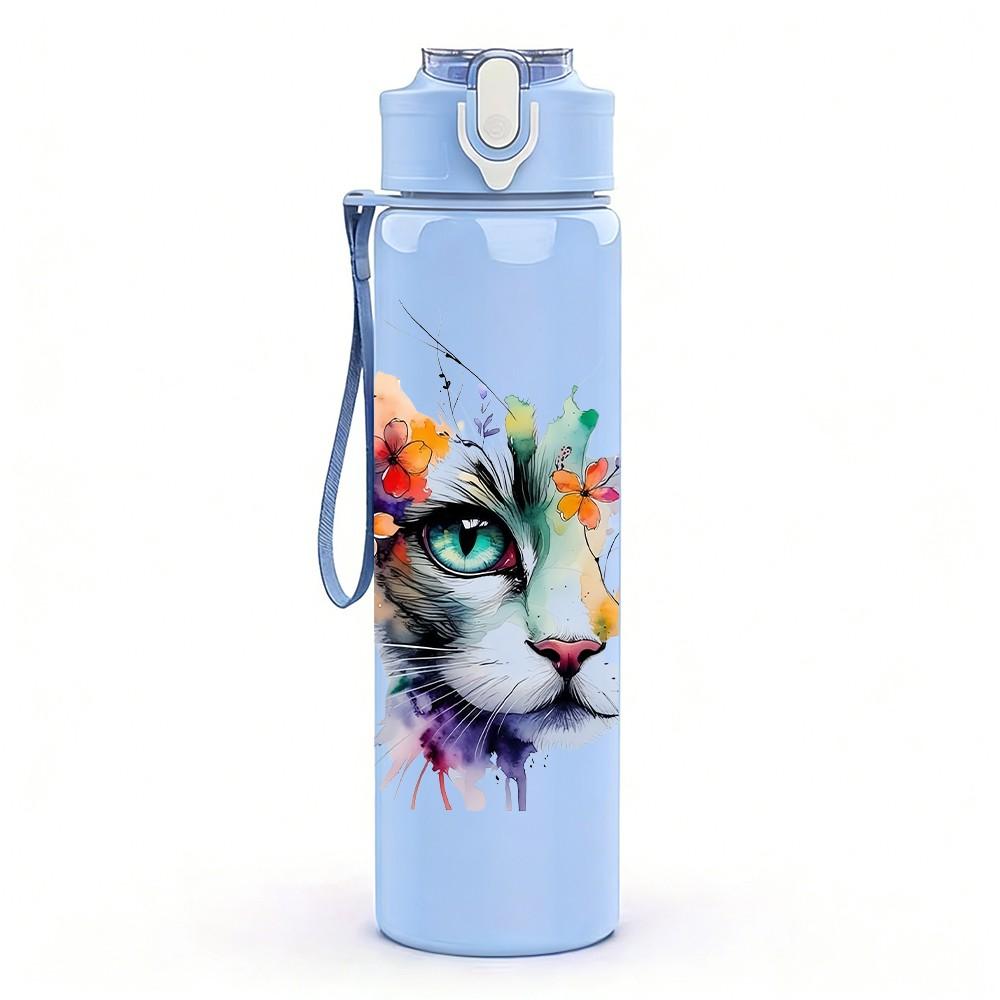 1PC Half Color Half Real Cat Mixed Media Art 750ml Color Plastic Sports Water Bottle Leakproof Flip Straw Lid Suitable for Sports Office Home Use