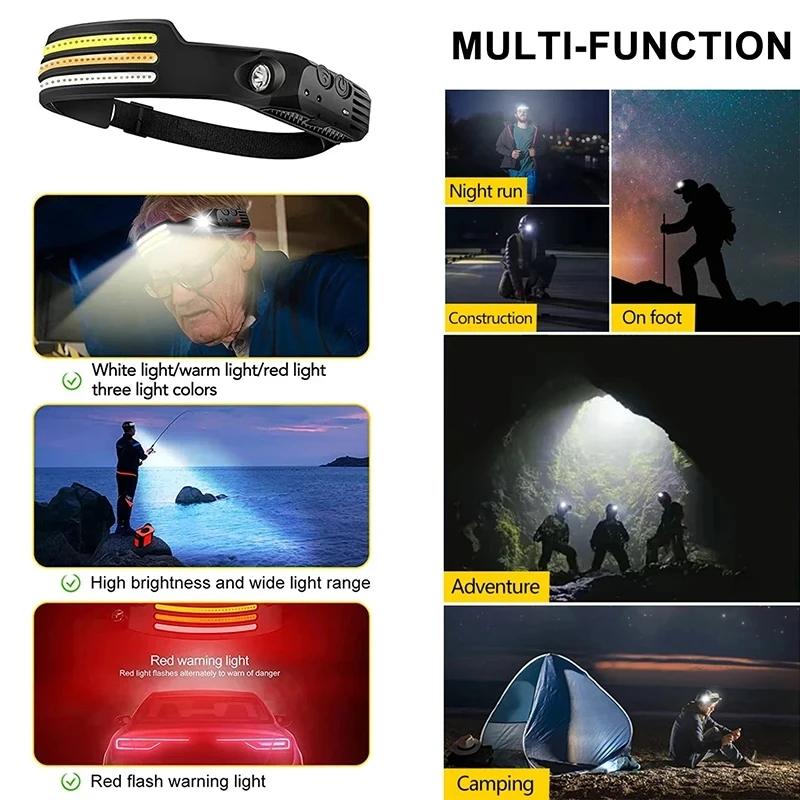 1-10Pcs Tricolor LED Sensor Headlamp Built-in Battery USB Rechargeable Head Flashlight Outdoor Camping Fishing Emergency Lamp
