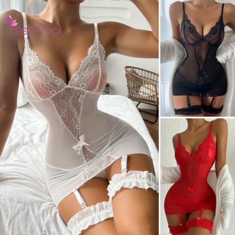 Bow Decor See-through Deep V-neck Pajamas Thong Set Crochet Lace Backless Ladies Sleepwear Briefs Set