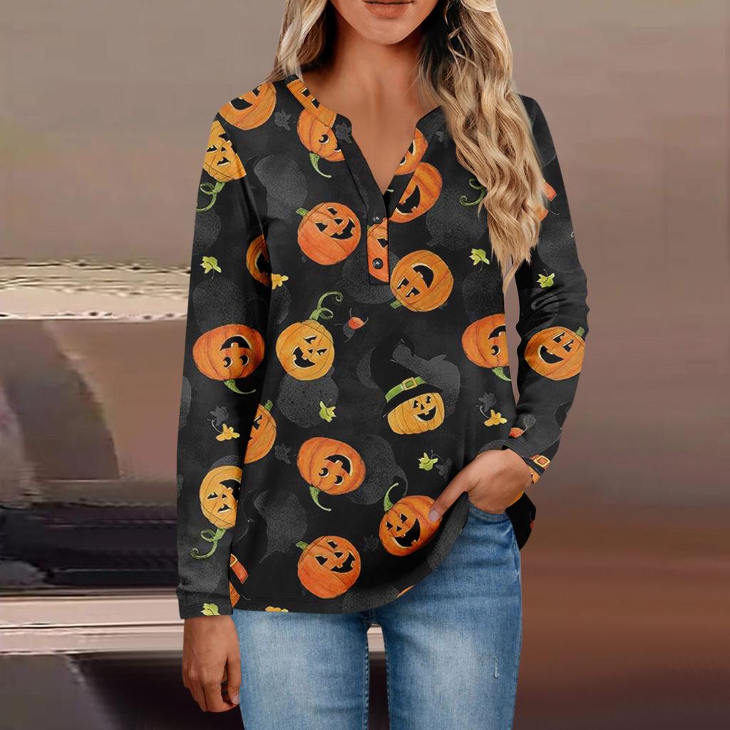 Women's Button Neck Tops Women's Casual Everyday Tops Long Sleeve V Neck Fashion Print Shirt Tops Pocket Tee Sweatshirts