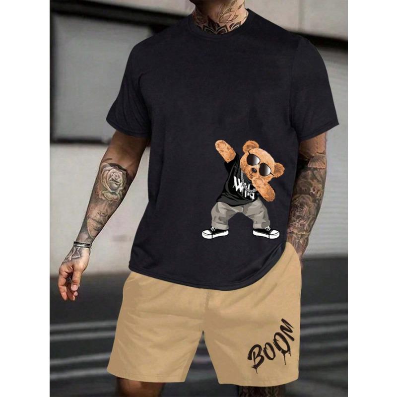 Мужская повседневная летняя футболка с круглым вырезом, рисунком в виде персонажей мультфильмов и букв, короткими рукавами и шортами на завязках