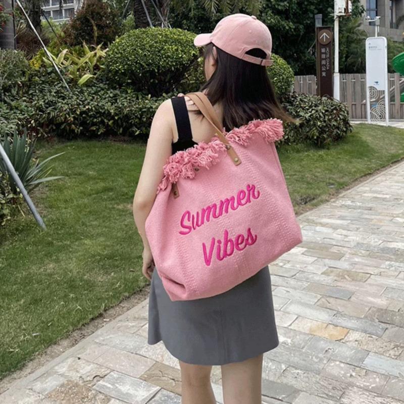 Женская холщовая сумка с вышивкой буквами, сумка-мессенджер на одно плечо, большая пляжная сумка-тоут, женская холщовая сумка