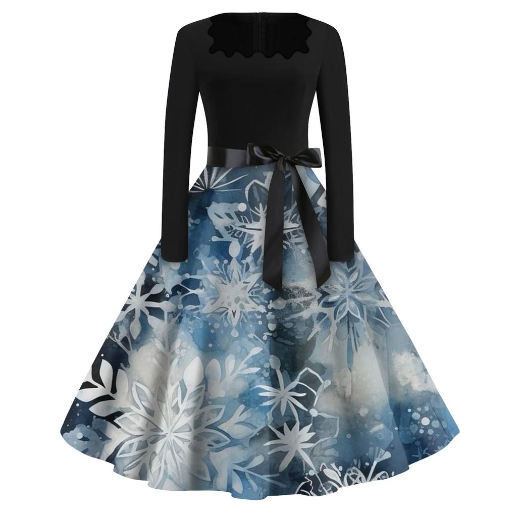 Женская мода с квадратным вырезом, повседневные тонкие рождественские платья с длинным рукавом и принтом