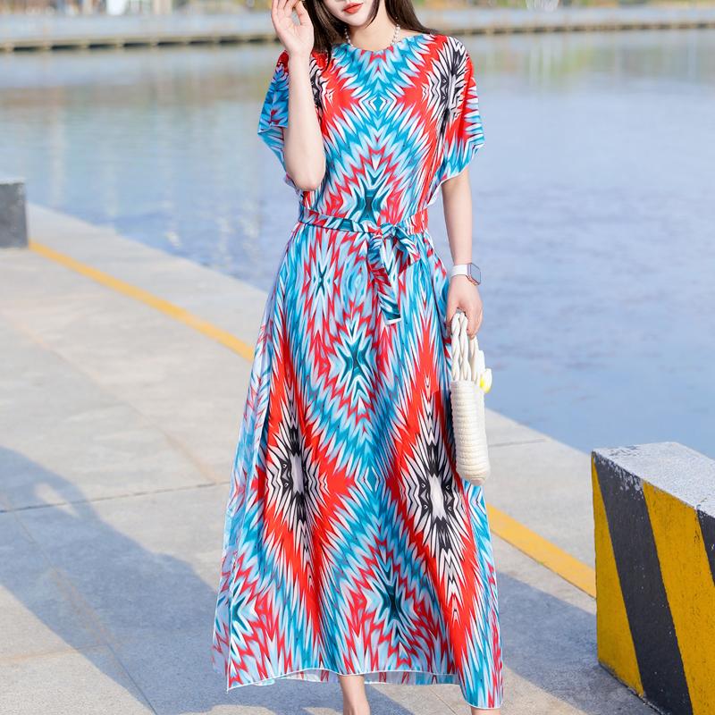 Элегантное летнее повседневное платье для женщин Винтажная одежда Короткий рукав Свободное длинное платье