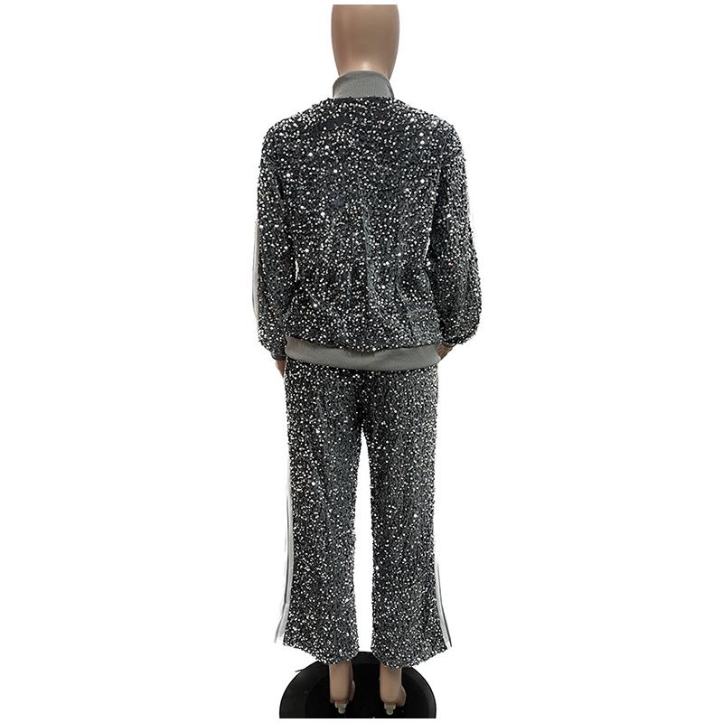 Модный комплект из 2 предметов с пайетками, женская куртка с длинным рукавом на молнии в полоску, пальто и прямые брюки, женский комплект одежды для вечеринок и клубов, весна 2025 г.