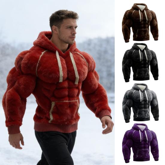 Мужская толстовка с капюшоном 3D-узор Пушистый пуловер Мускулистая с длинным рукавом Теплая толстовка с капюшоном для повседневной носки, спорта, стритвира, моды