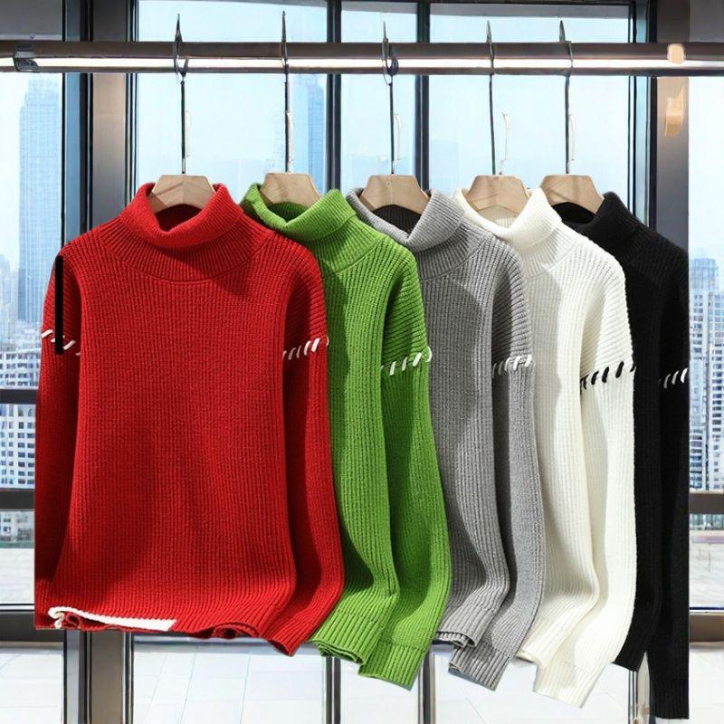 Мужской свитер крупной вязки с высоким воротником - Модный повседневный топ с длинным рукавом однотонной расцветки