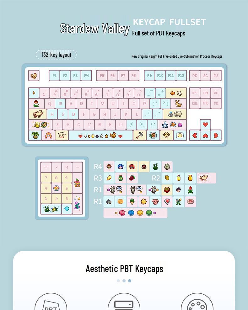 Набор пиксельных кейкапов Stardew Valley: Пятисторонняя сублимационная печать PBT, Универсальная посадка, Прочный и водостойкий для механических клавиатур