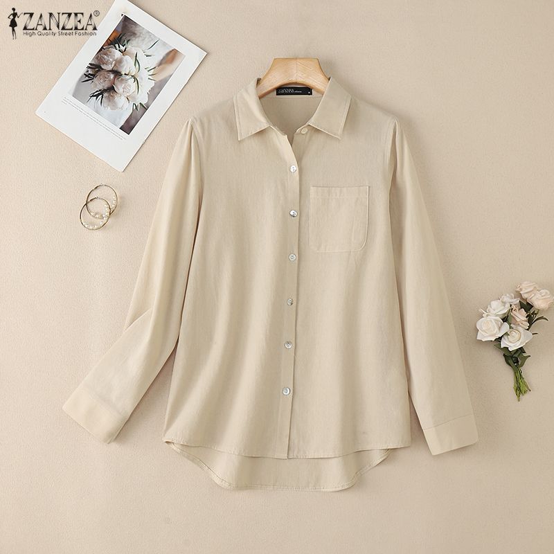 ZANZEA Женская повседневная однотонная блузка с отложным воротником и длинным рукавом
