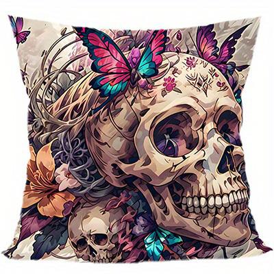 Home Decor Skull & Butterfly Floral Pattern Pillow Cover Pattern Cushion Cover Suitable for Sofa Bedroom Car Pillow Cover