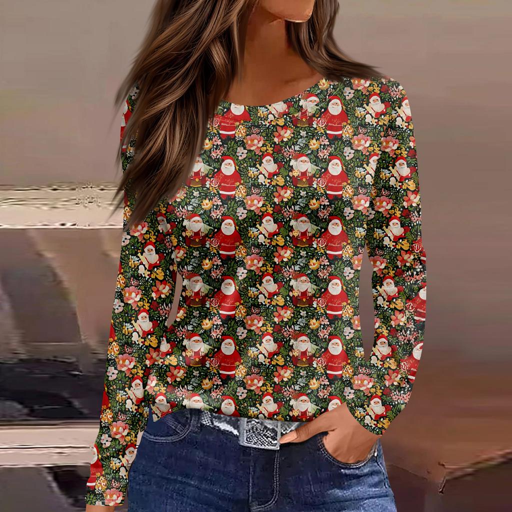 Women's Fashion Hem Slit Casual Christmas Printed Round Neck Long Sleeve Top