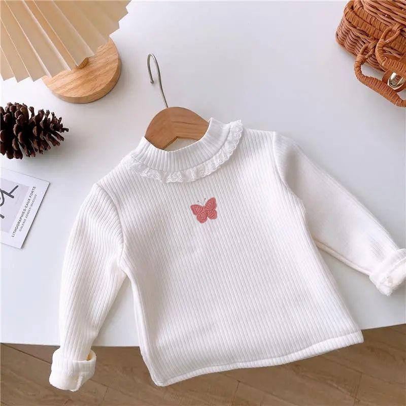 Детская утепленная футболка с длинным рукавом, круглым вырезом и бантом, универсальный стильный топ для осени и зимы, подходит для девочек-малышек