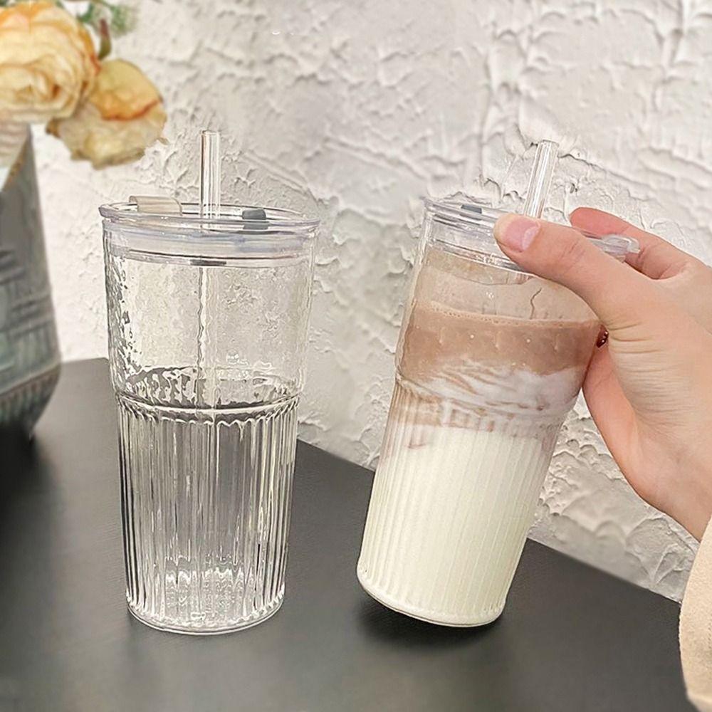 600ml Drinkware Stripe Glass Cup With Lid and Straw Water Cup Fashion Straw Cup for Juice Milk Tea