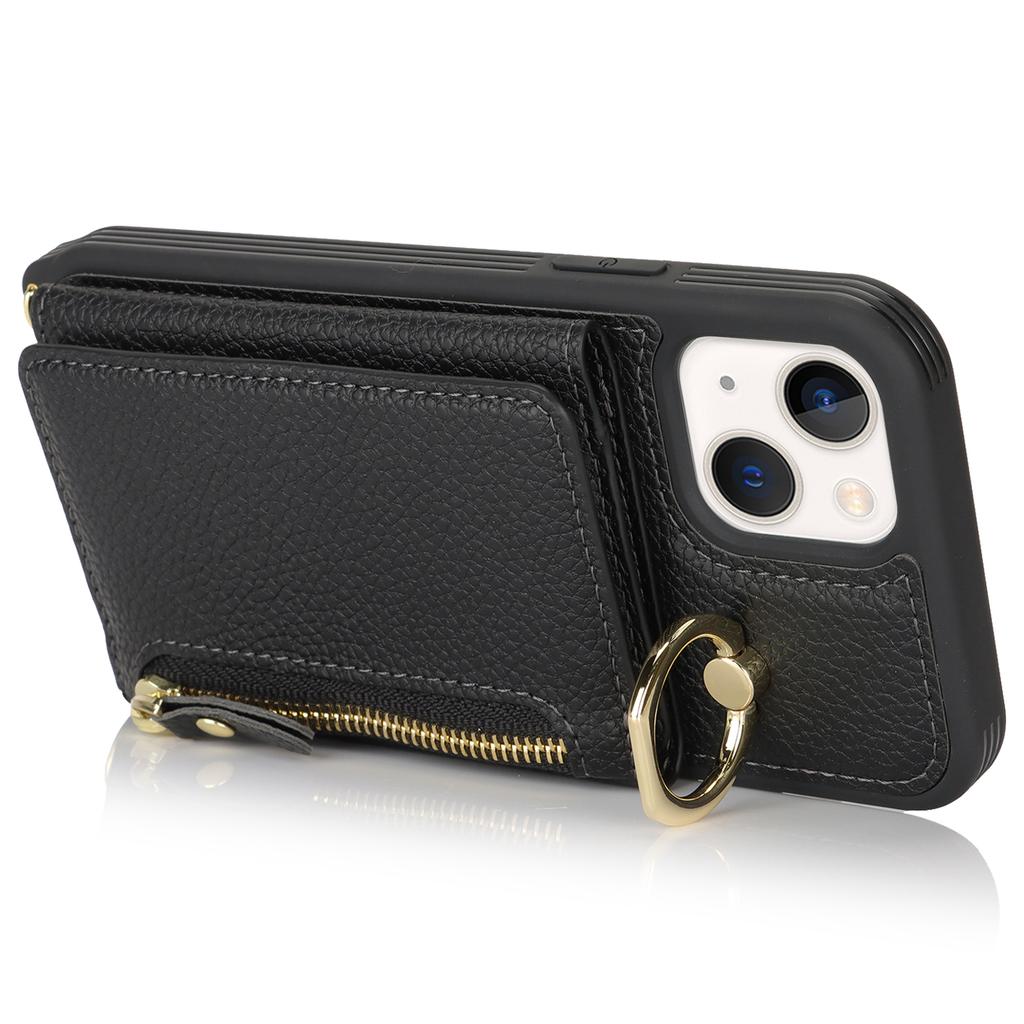 Для iPhone 13 mini Чехол Кармашек для карт Карман на молнии Кожа+ТПУ Держатель-кольцо Чехол для телефона с длинным ремешком