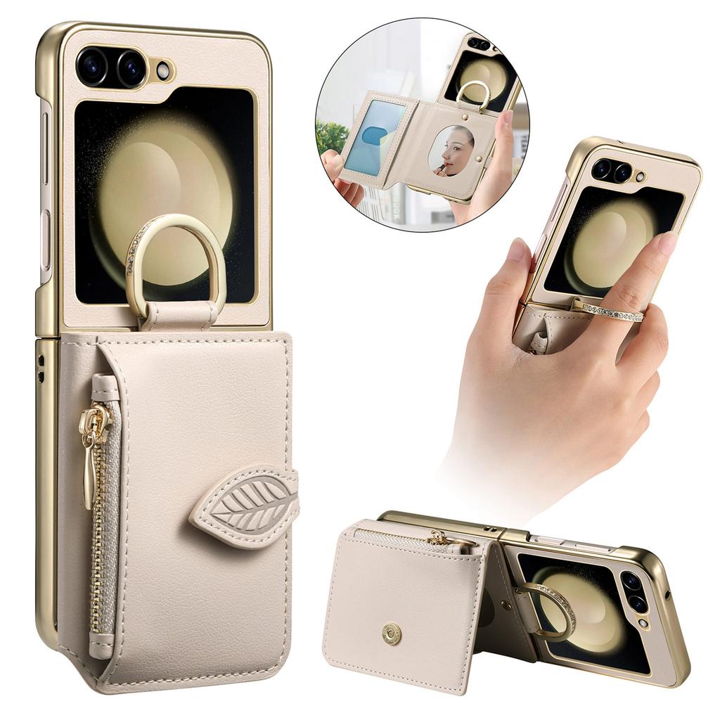 Protective Dual Layer Bumper Phone Wallet Case for Samsung Galaxy Z Flip 6 Cases with Card Holder Built-In Mirror Zipper Purse