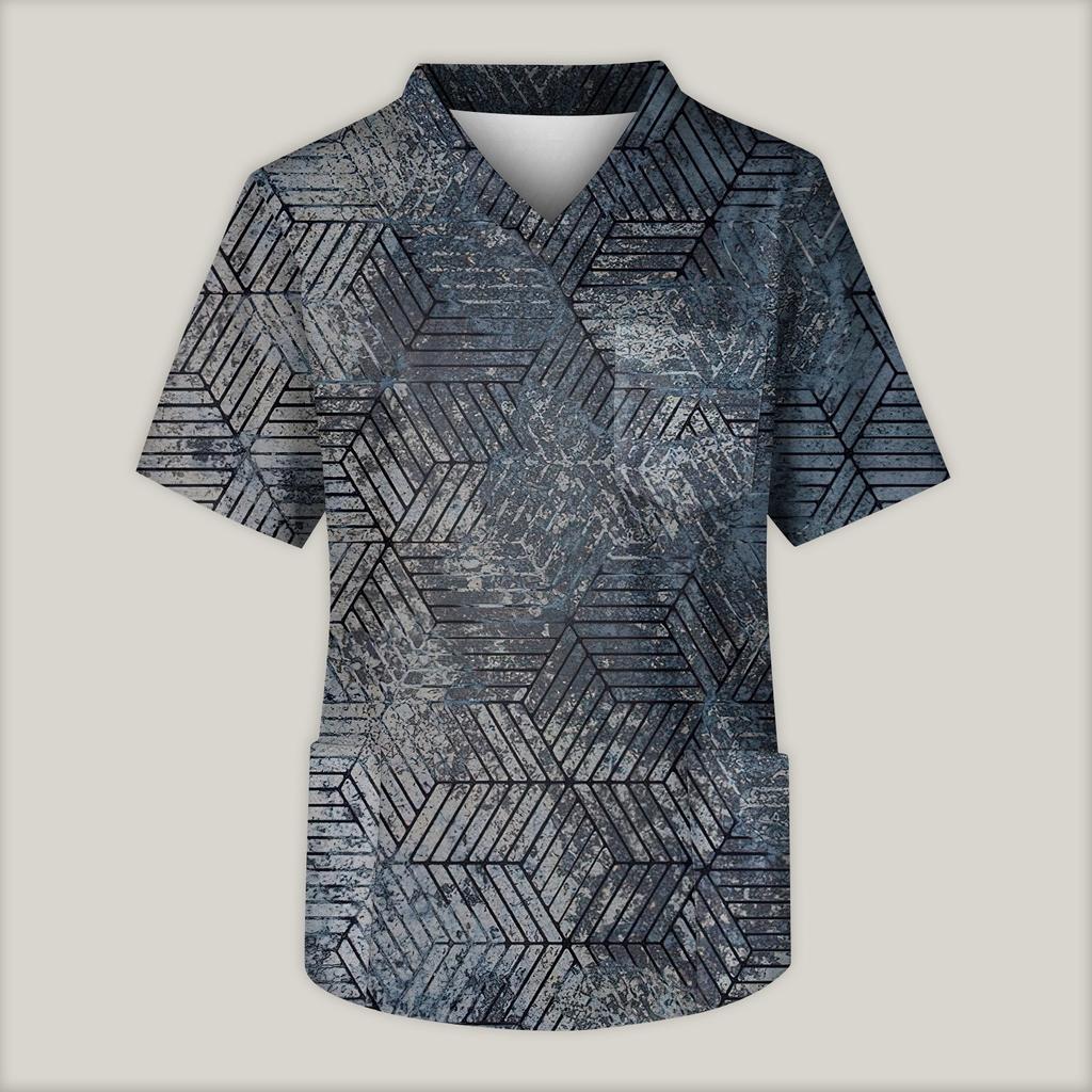 Мужская рабочая блузка с короткими рукавами и v-образным вырезом с принтом, топ с нагрудным карманом