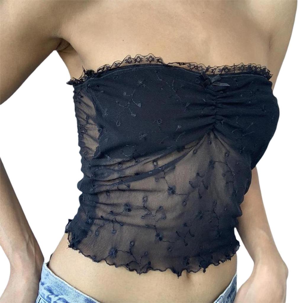 МОДА Женские черные топы-трубы с цветочным принтом и сеткой, милые кружевные оборки с бантом, укороченные топы с рюшами, винтажные топы без бретелек в стиле 2000 года, женские майки с открытой спиной