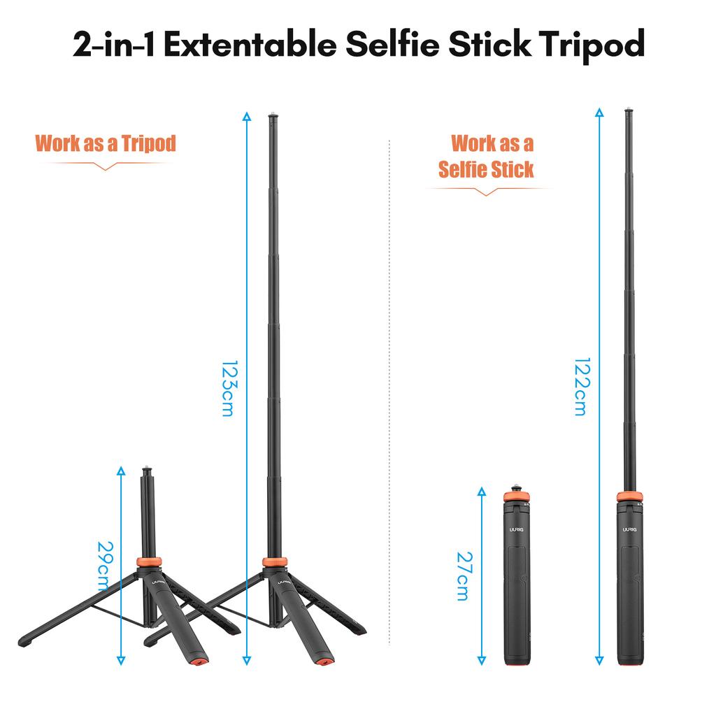 UURIG TP03 Подставка для штатива для спортивной камеры, селфи-палка, макс.. Длина 122 см с винтом 1/4 дюйма для
