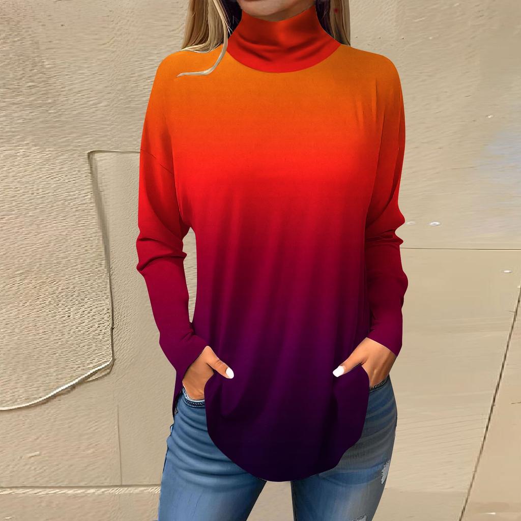 Футболки для женщин, осенние повседневные рубашки с длинными рукавами, толстовка с винтажным принтом, топ с высоким воротом, пуловер