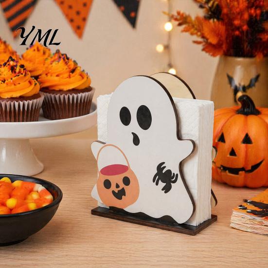 Halloween Party Table Decor Ghost Wooden Napkin Holder, Cute Paper Towel Decorative Festive Holiday Kitchen Storage Stand, Freestanding Tissue