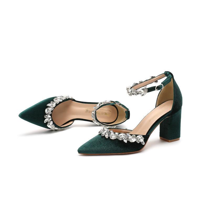 Каблук Туфли на высоком каблуке Остроносые Бархатные С полыми вставками из страз Пряжка на одном ремешке Свадебная обувь Обувь для невесты Обувь для подружки невесты Банкетная обувь Женская