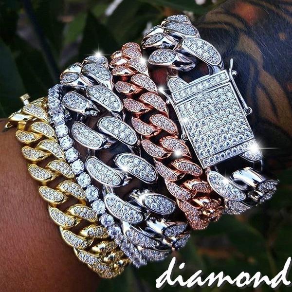 Mens Womens Gold Hand Chain Hip Hop Iced Out Curb Cuban Diamond Paved Clear Rhinestones Bracelet Men Fashion Jewelry